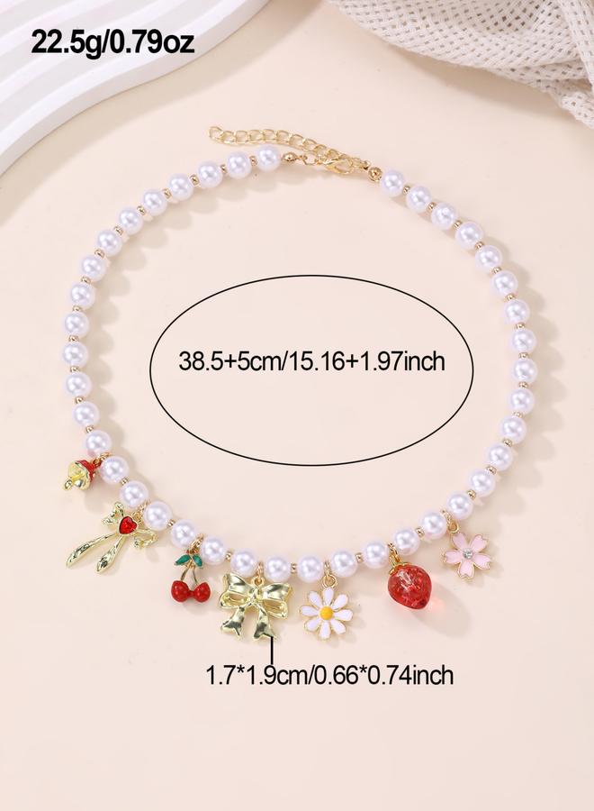 Take Two Faux Pearl Necklace with Fruit and Floral Charms - Image 4
